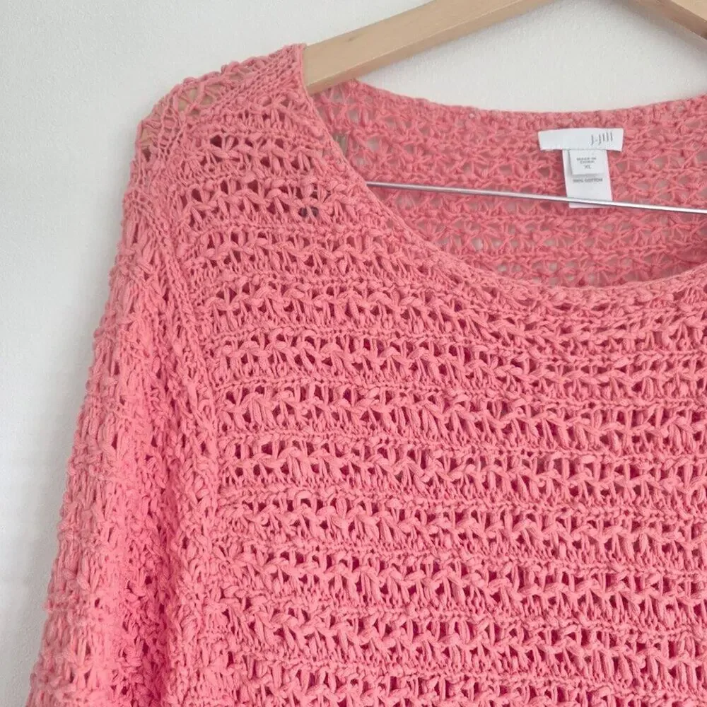 J. Jill XL 100% Cotton Crochet Knit Tunic Sweater Coral Pink Side Button Top